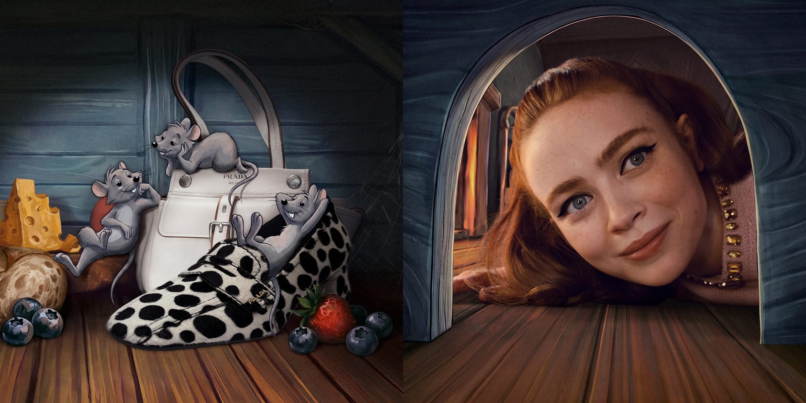 Two campaign images side by side: on the left, three cartoon mice lounging on a white Prada leather handbag and a black-and-white spotted pony-hair loafer, with cheese, berries and bread on a wooden floor; on the right, a red-haired woman in a pink jewelled knit lies on the floor and smiles through a drawn mousehole