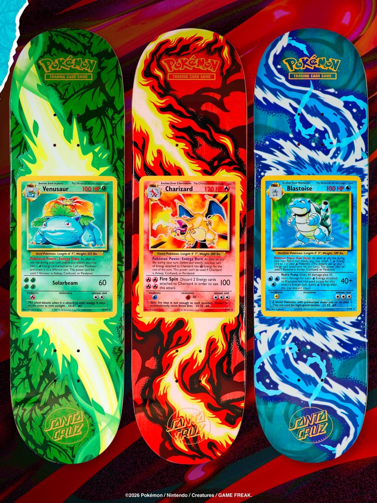 Three Santa Cruz × Pokémon TCG skateboard decks built around the original Base Set Venusaur, Charizard and Blastoise cards, in green, red and blue
