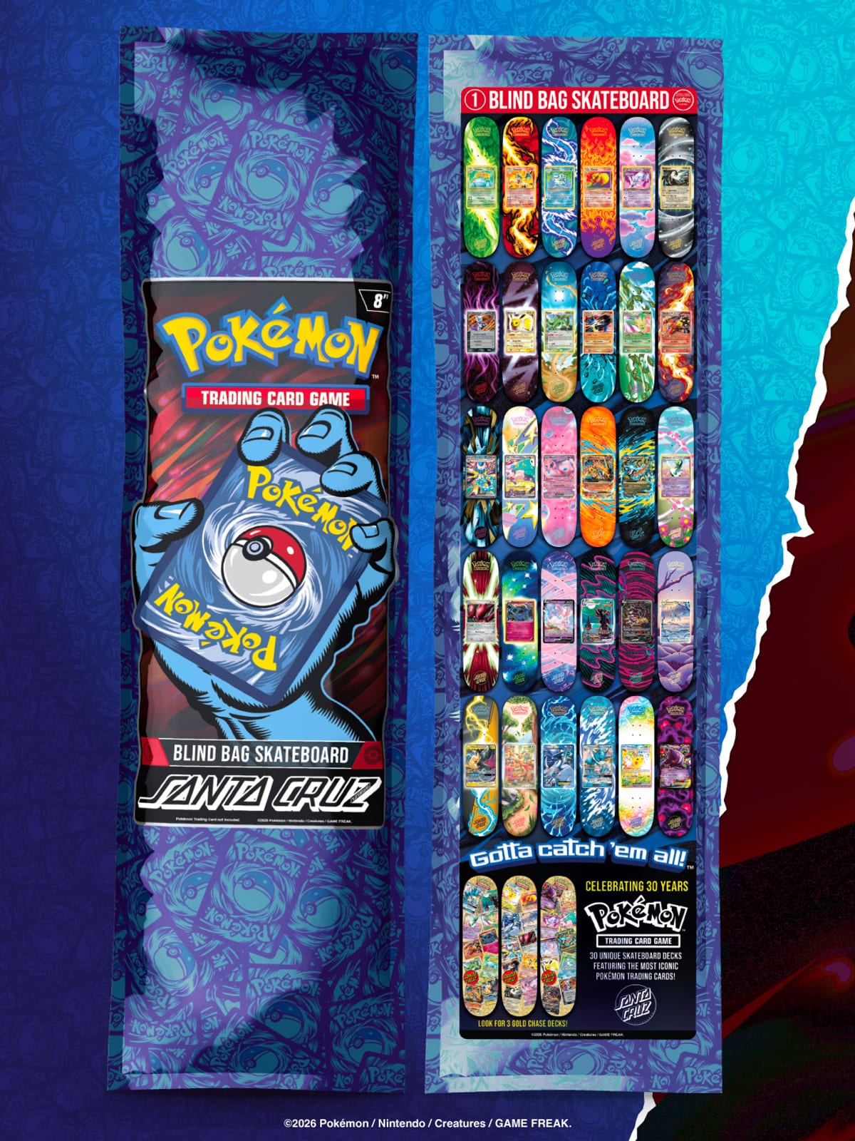 The Santa Cruz × Pokémon TCG blind bag, front and back: a hand holding a Pokémon card on the front, and all 30 deck designs printed on the back under "Gotta catch 'em all!"