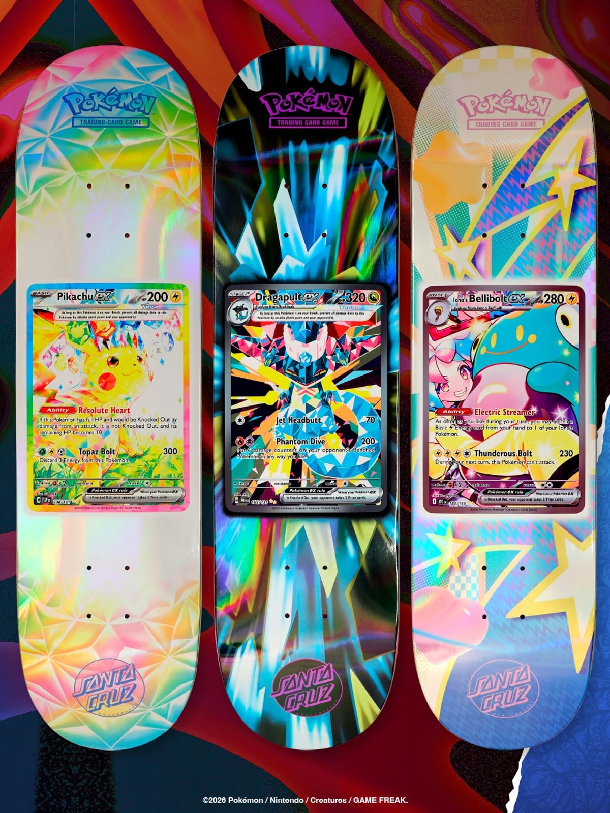 Three Santa Cruz × Pokémon TCG decks built around the Pikachu ex, Dragapult ex and Bellibolt ex cards, in pale holographic, dark blue and pink designs