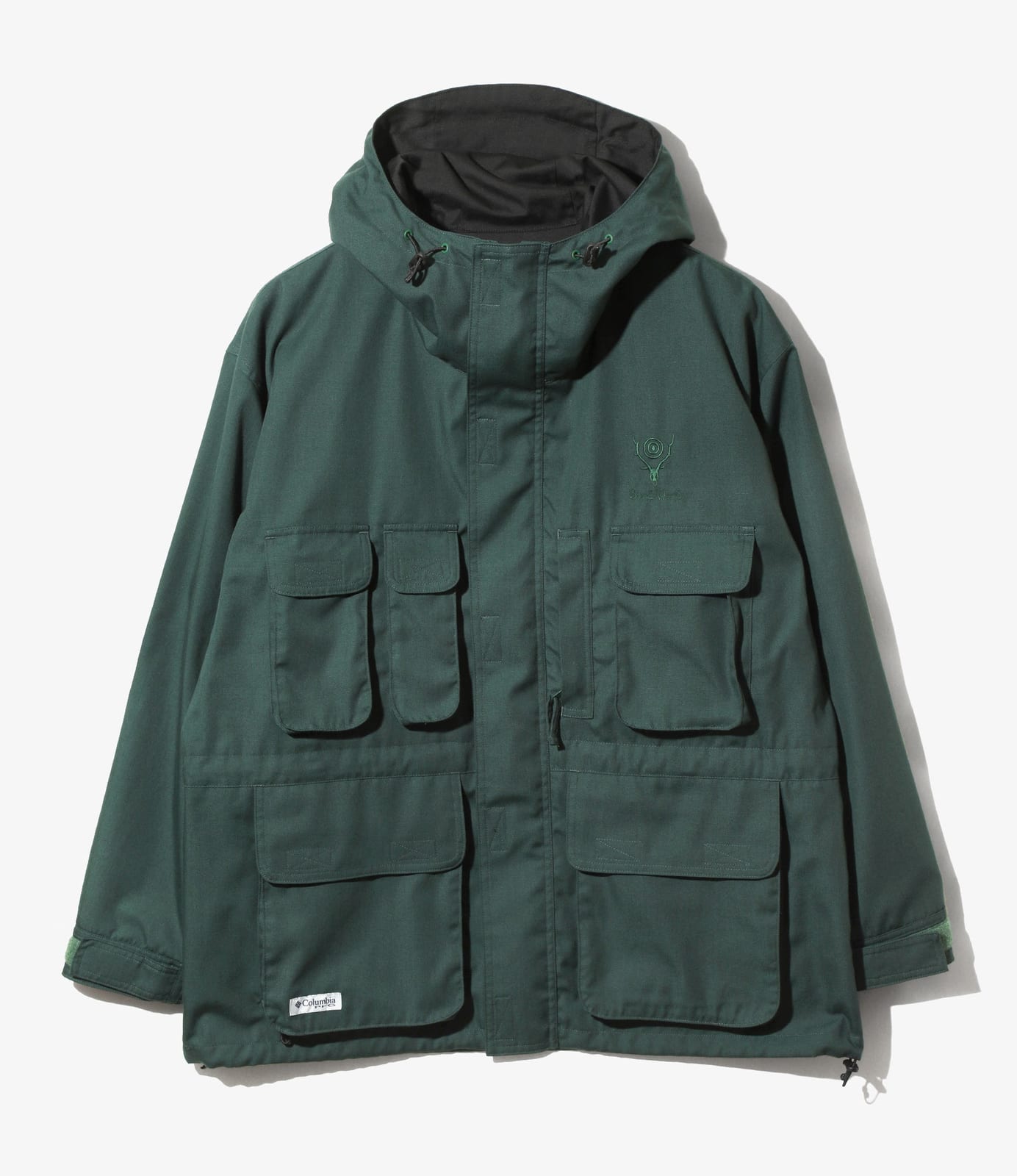 A dark green hooded jacket with multiple flap pockets at the chest and hem