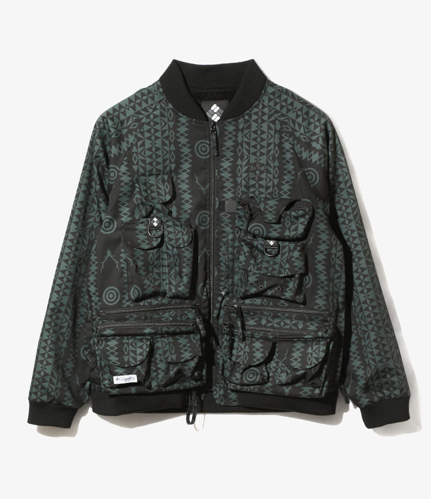 A dark bomber jacket with a ribbed collar, a repeating tonal pattern and large chest and waist pockets