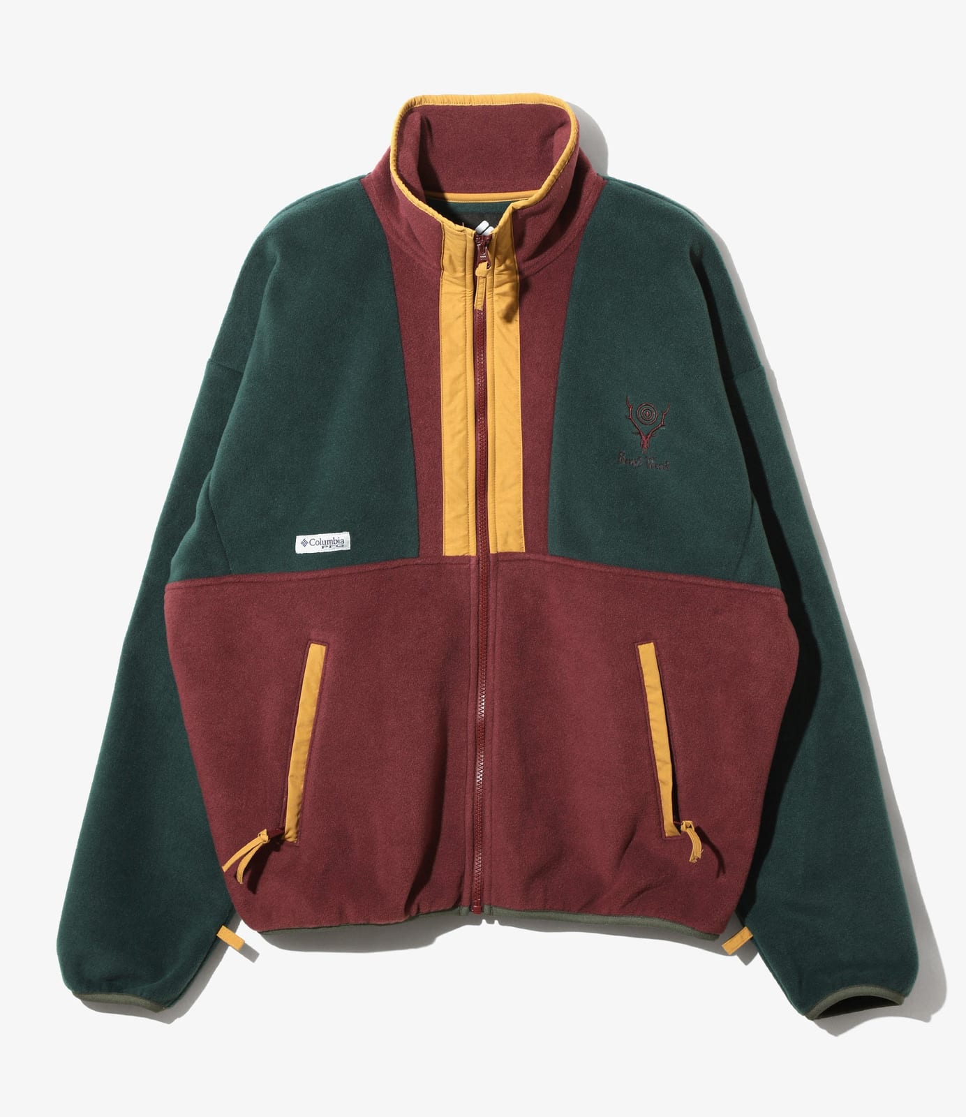 A colour-blocked fleece jacket in dark green and burgundy with mustard-yellow trim and a stand collar