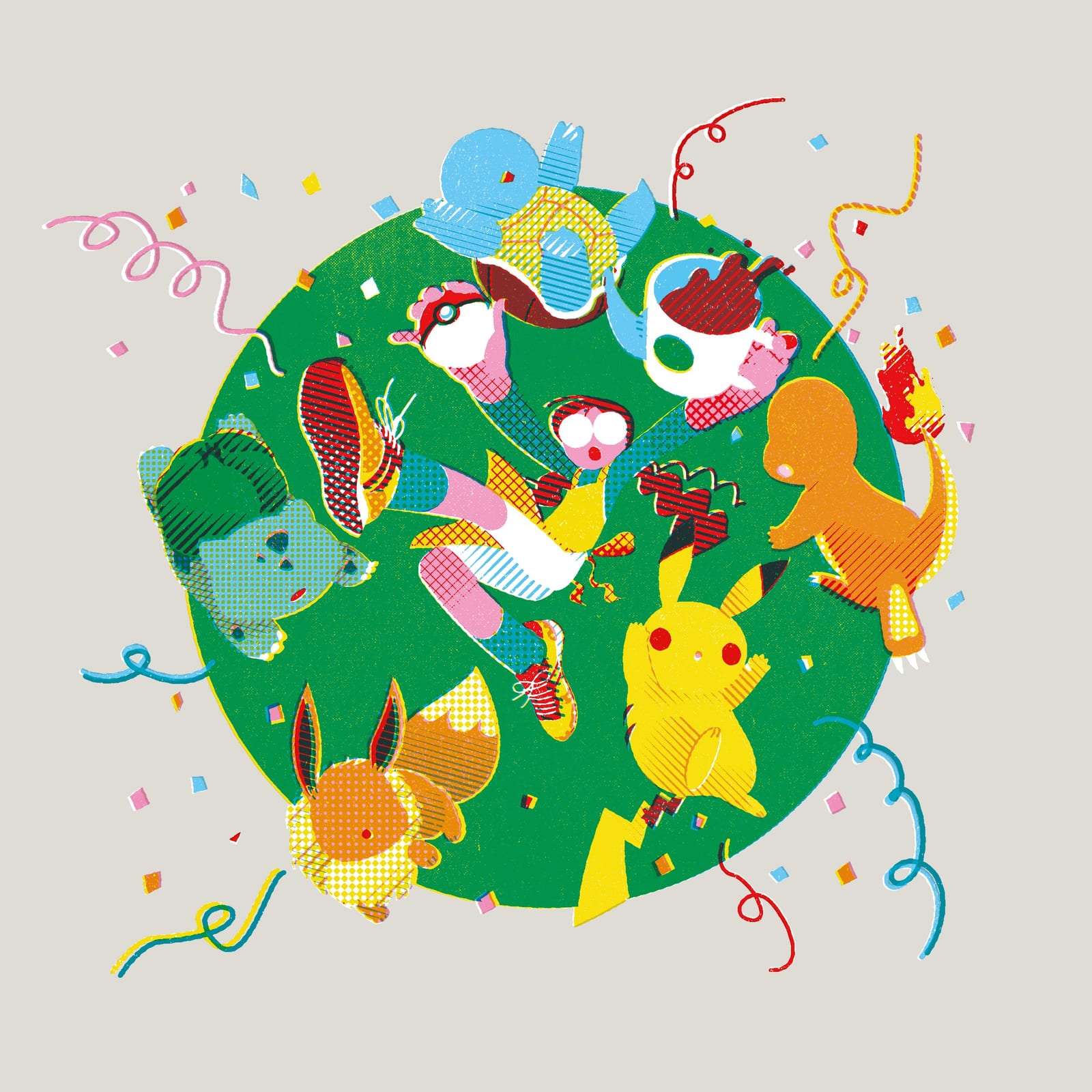 The Pokémon x Starbucks key visual: Pikachu, Eevee, Bulbasaur, Charmander and Squirtle around a green circle with coffee cups, drawn in a textured print style