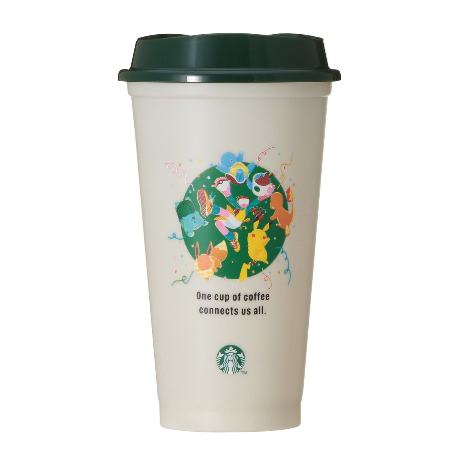 The Pokémon x Starbucks reusable cup in warm grey, printed with the collaboration artwork and the line One cup of coffee connects us all