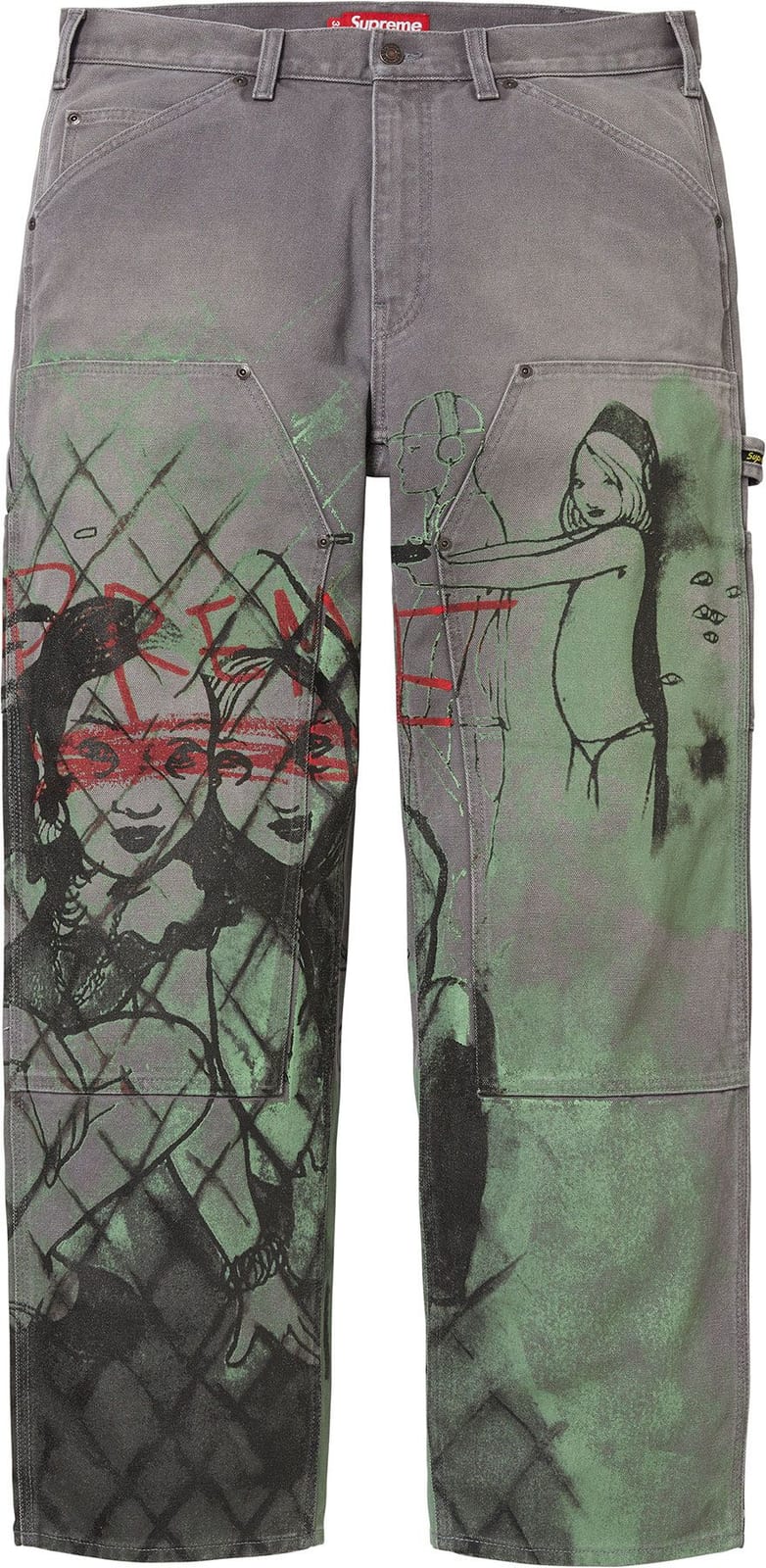The Supreme/Rita Ackermann Double Knee Painter Pant in grey canvas, printed down both legs with Rita Ackermann's drawings of faces and figures in black, red and green