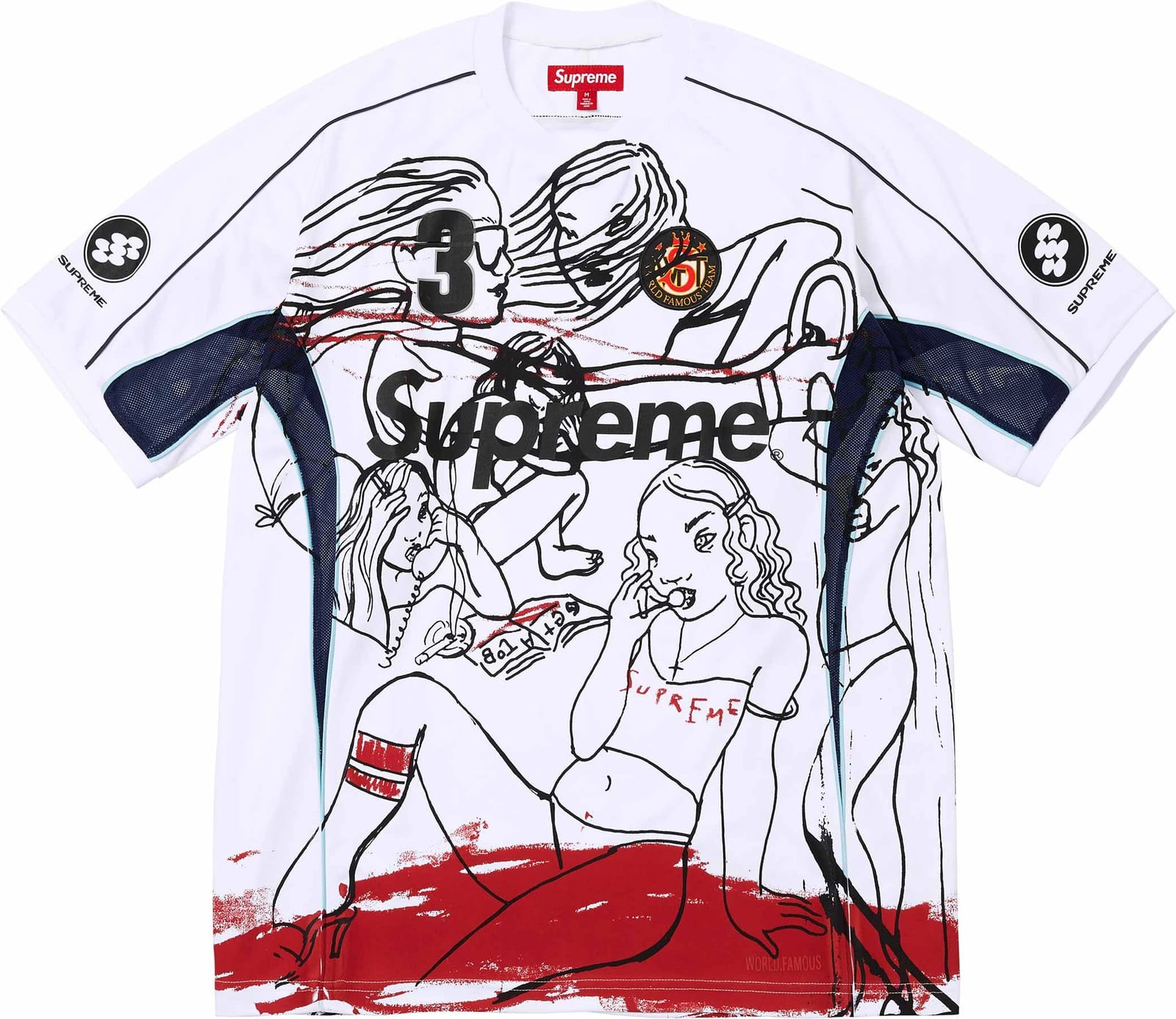 The Supreme/Rita Ackermann Soccer Jersey in white, covered in Rita Ackermann's black line drawings of figures with red paint at the hem, with navy mesh side panels, the Supreme logo across the chest and the number 3