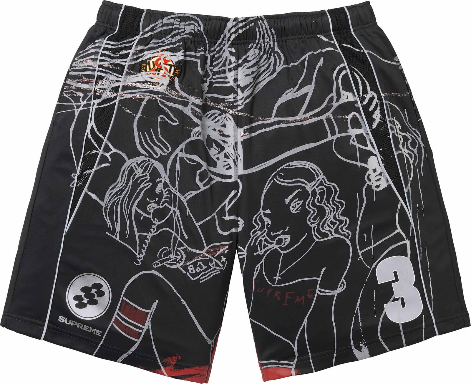The Supreme/Rita Ackermann Soccer Short in black, with Rita Ackermann's white line drawings of figures, a Supreme badge and the number 3