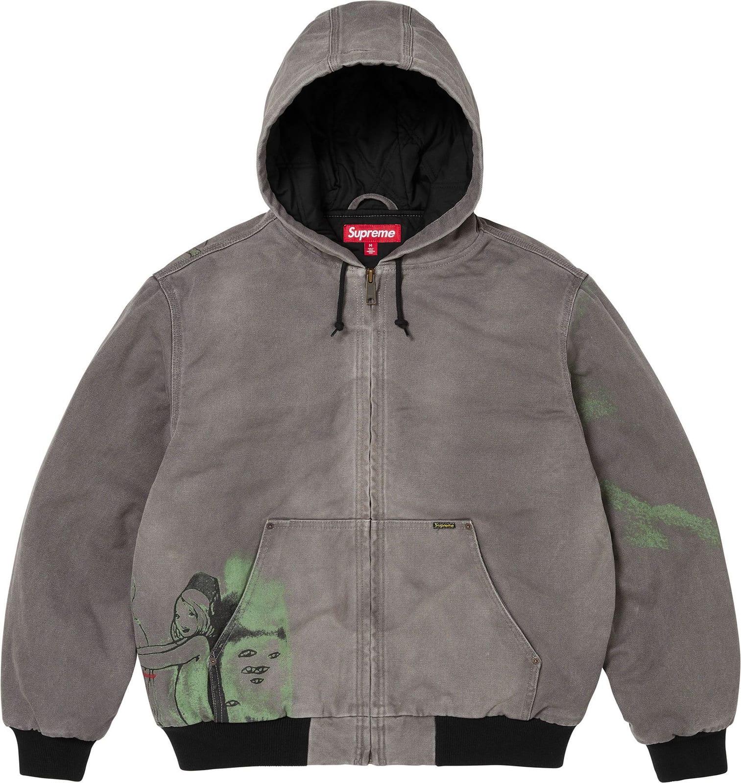 The Supreme/Rita Ackermann Hooded Work Jacket in washed grey canvas, with a Rita Ackermann figure drawing and green paint on the lower front and a green wash on one sleeve