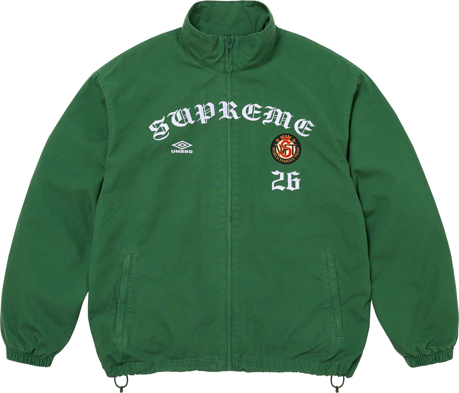The Supreme/Umbro Cotton Ripstop Track Jacket in green, with an arched Old English Supreme logo, the Umbro logo, a crest and the number 26 on the chest