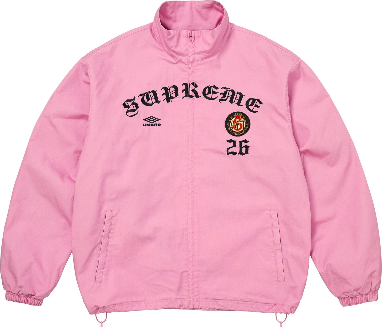 The Supreme/Umbro Cotton Ripstop Track Jacket in pink, with the arched Supreme logo, Umbro logo, crest and number 26 embroidered in black