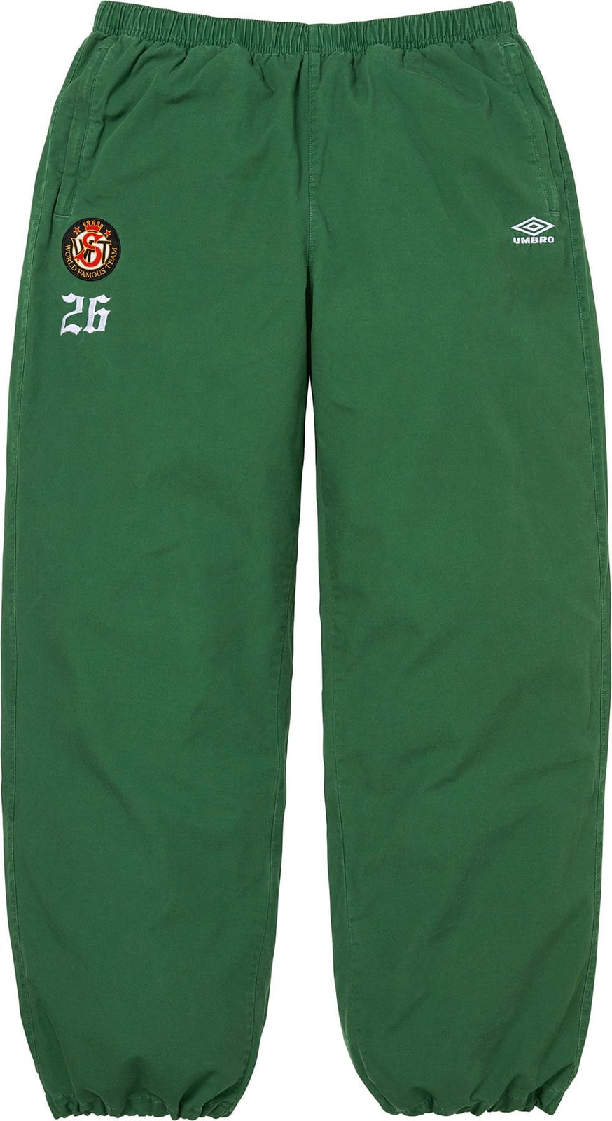 The Supreme/Umbro Cotton Ripstop Track Pant in green, with the crest, the number 26 and the Umbro logo at the hip