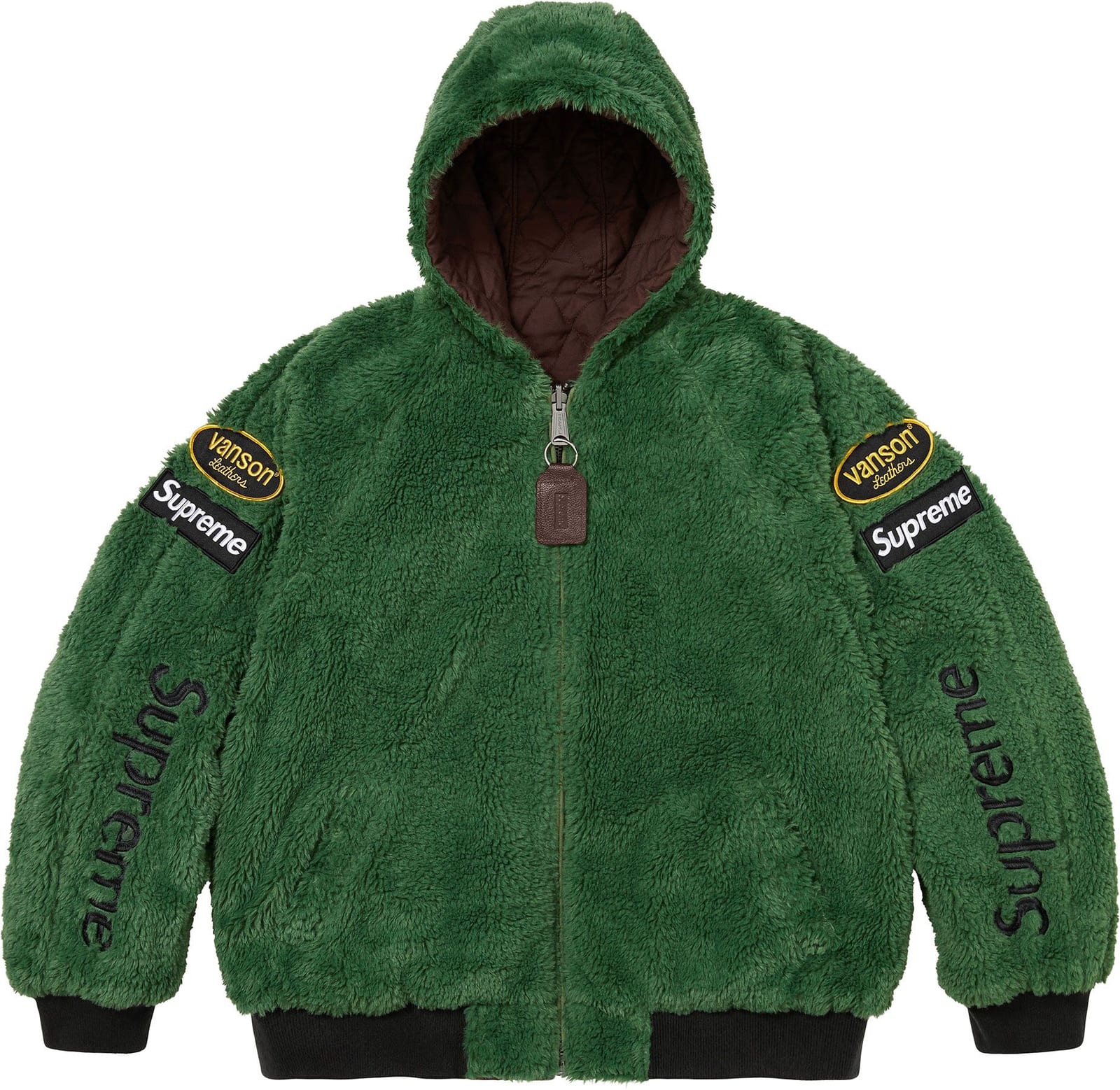 The Supreme/Vanson Leathers Reversible Quilted Hooded Jacket in green fleece, with Vanson and Supreme patches on the chest, Supreme down both sleeves and a brown quilted lining in the hood