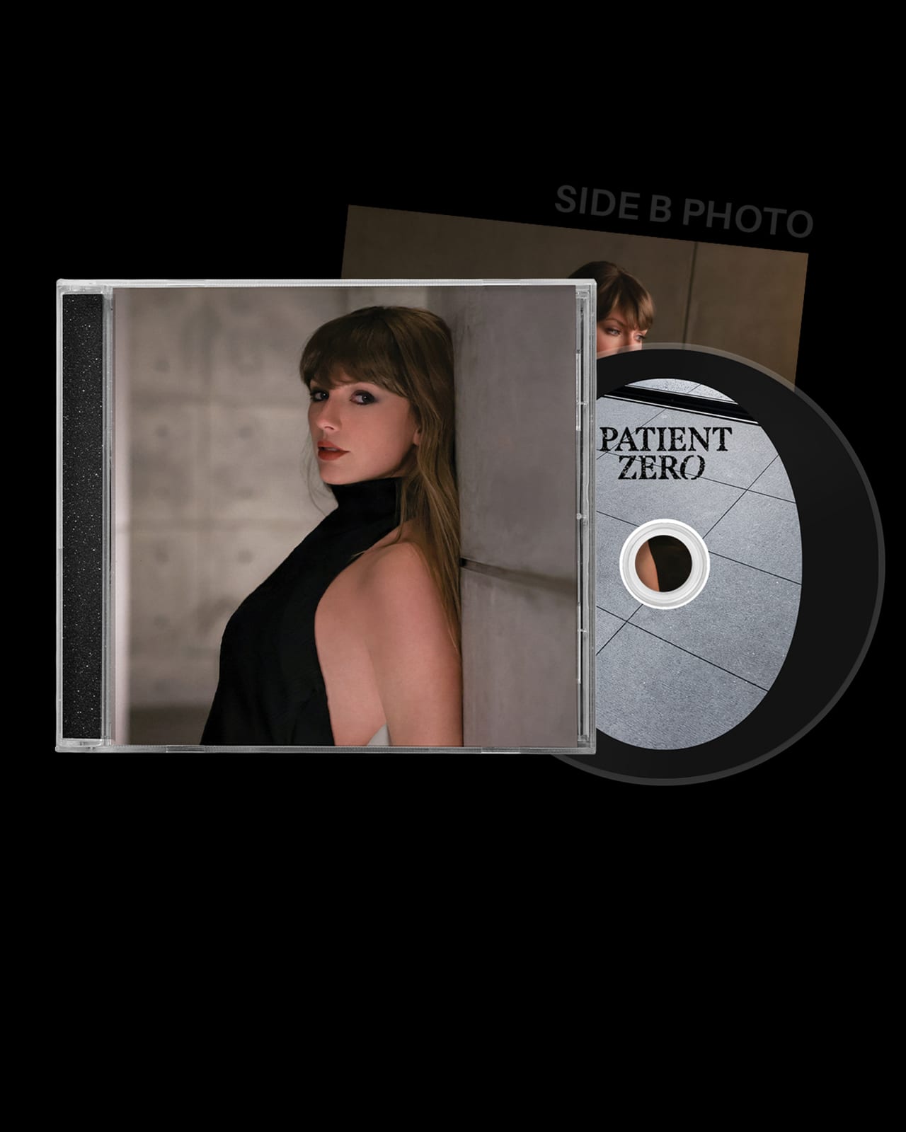 The standard-edition 'Patient Zero' CD jewel case, showing Taylor Swift in a black halter dress against a concrete wall, next to the disc printed with a tiled grid pattern and the title