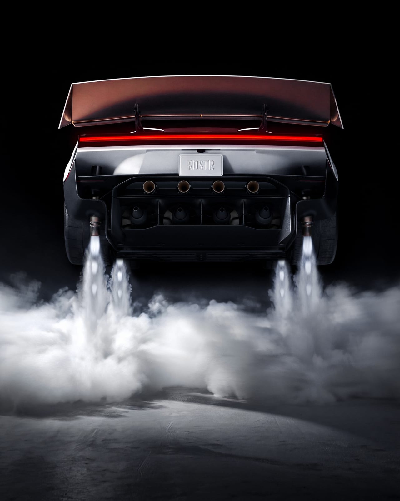 The white Tesla Roadster from behind against black, its rear wing raised over a full-width red taillight and a plate reading RDSTR, four gold-ringed nozzles across the rear, and jets of white vapour blasting down beside both rear wheels into a cloud on the ground