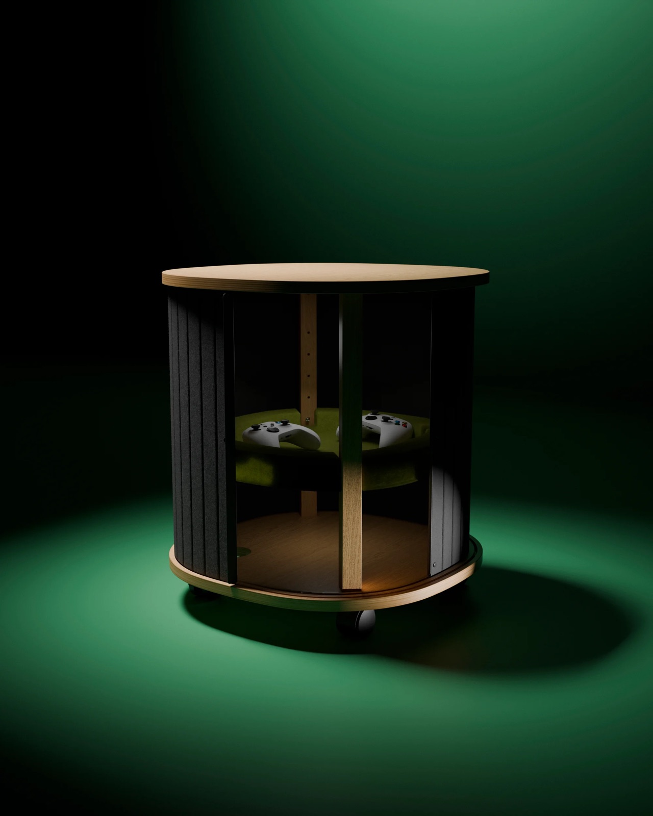 YXSTABY round side table on castors, opened to show controllers stored on a green inner shelf