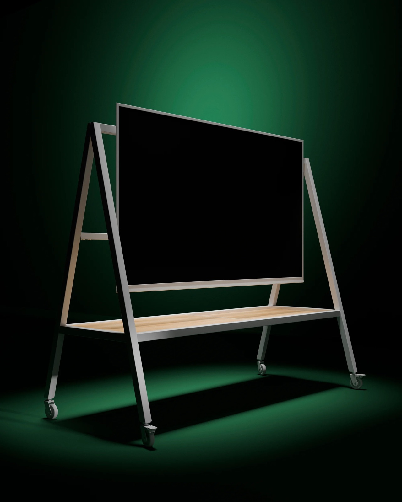 YXSTABY TV stand on castors, an A-frame holding a screen above a wooden shelf